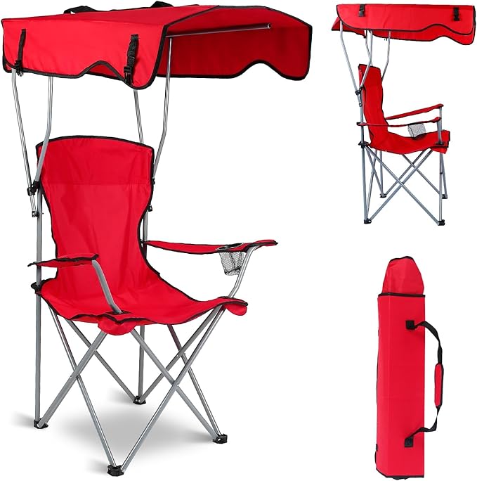 Camping Chair with CanopyOutdoor Folding Chair with Adjustable Shade &amp Cup Holder Heavy Duty Beach Chair for Adult Portable Camping Recliner Support 334 LBS