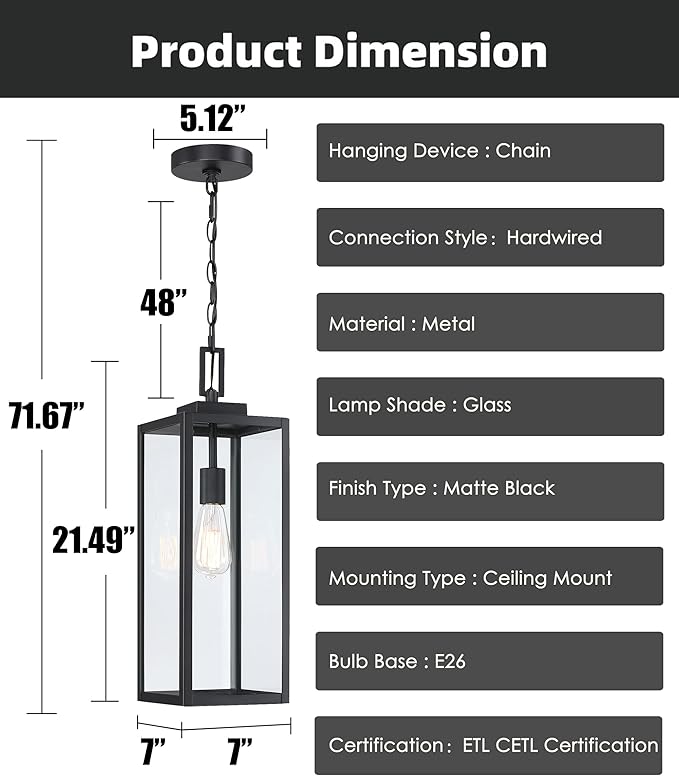 21.5 in Large Size Front Porch Pendant Light Fixture - Outdoor Hanging Light for Patio Entrance Porch Hanging Lantern Exterior Pendant Front Door E26 Base