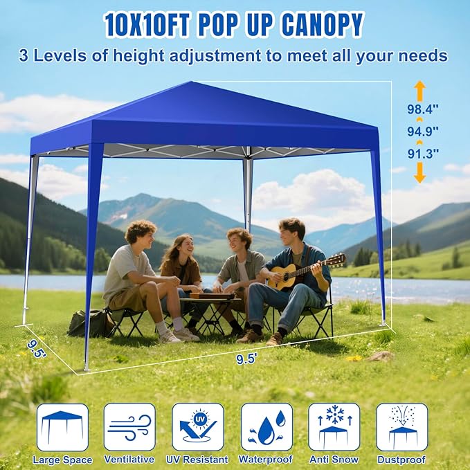 Yesker 10x10 Pop Up Canopy Tent UPF 50+ Waterproof Outdoor Canopy Portable Folding Easy Setup Gazebo Adjustable Height Instant Sun Shade Tent with Wheeled Bag for Events Parties Camping Patio Blue