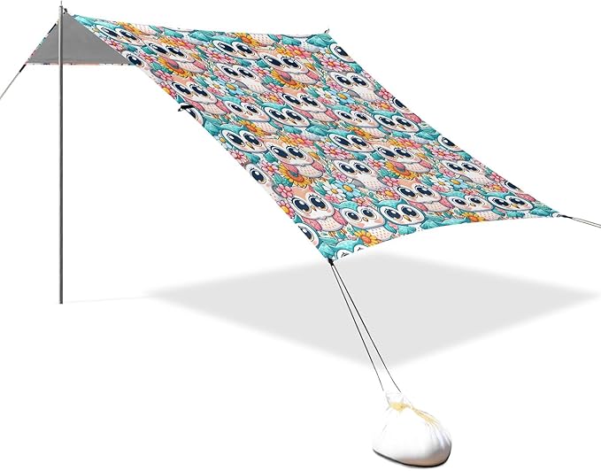 Camping Sun Shelters Little Cute Owl and Flowers Beach Canopy 126 * 110.2in