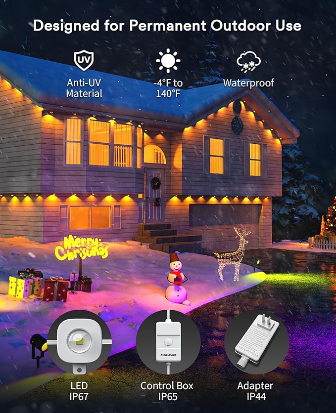 ANGELHALO Permanent Outdoor Lights 50ft Smart RGBAI Eaves Lights with 72 LEDs IP67 Waterproof for Outdoor Decor Compatible with Alexa Google Assistant