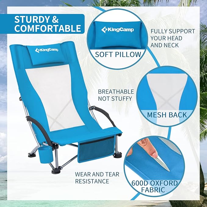 KingCamp Folding Beach Chair 2 Pack High Back Lightweight Portable Backpack Chair with Headrest Cup Holder for Camping Outdoor Sand Concert Lawn Festival Sports Blue