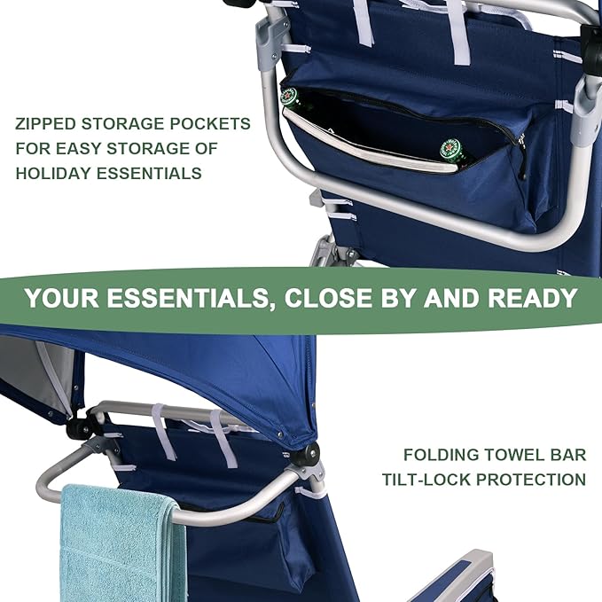 Romswi Beach Chair with Canopy Shade for Adults 1 Pack Aluminum Folding Chairs with Detachable &amp Adjustable Umbrella 5-Position Lay Flat Cooler Bag Cup &amp Phone Holder Towel Bar Navy Blue