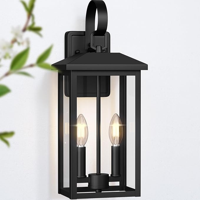 18 Large Black Outdoor Wall Light Fixture 2-Light Waterproof ETL Listed Outdoor Wall Lamp with Clear Glass E12 Socket Aluminum Outside Garage Light Lantern for House Porch Patio Garage