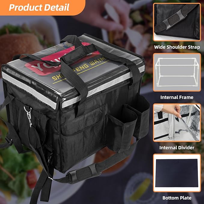 Insulated Bags for Food Delivery with Cup Holder 17.3 x 13.5 x 12.5 Support Frame &amp Hard Bottom Plate Waterproof Commercial Insulated Food Delivery Bag Drink Carriers for Doordash w/Divider