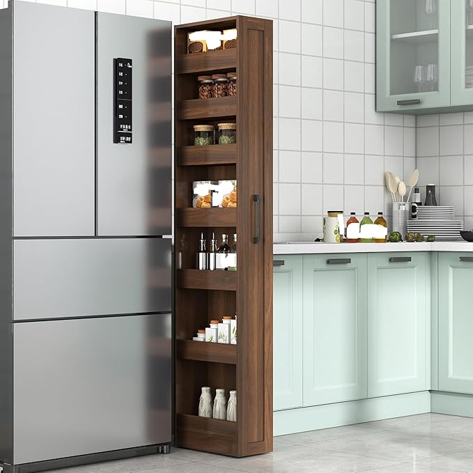 7-Tier Slim Pull-Out Storage Shelf Narrow Space Organizer for Kitchen Laundry Bathroom Living Room Freestanding Open Shelving Unit for Small Spaces Slim Gap Storage Rack with Handle