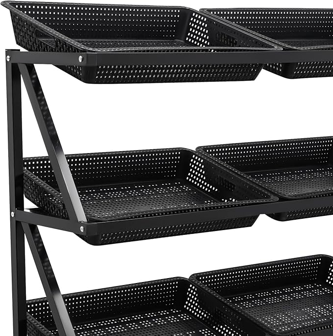 59.06in 5 Tier Retail Display Rack Market Shelf Metal Wire Display Shelf Fruit Vegetable Snack Basket Set Shelf 220 Lbs Capacity 10 Hollow Plastic Storage Containers Protective Covers