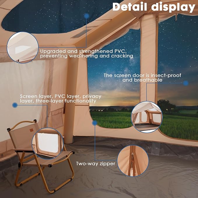 Inflatable Camping Tent with Electric Air Pump - 420D Heavy Duty Oxford - 5 Min Auto-Inflation - Panoramic Stargazing Skylight - 4 Season Luxury Glamping Cabin 4-10 Person Multiple Sizes