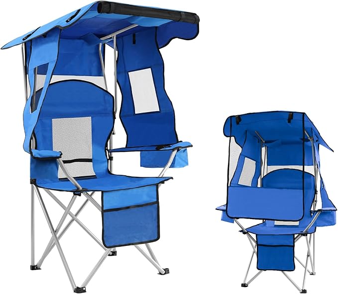 ptlsy Beach Chair with Canopy Shade Folding Camping Chair for Adults with Cup Holders Cooler Bag for Camping Fishing Beach Sports and Concert (Blue)