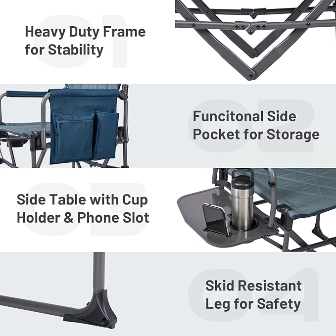 TIMBER RIDGE Aluminum Camping Directors Chair with Side Table Pocket Portable Folding Chair Heavy Duty Lawn Chair for Fishing Trip Picnic Concert Outdoor 400lbs Navy