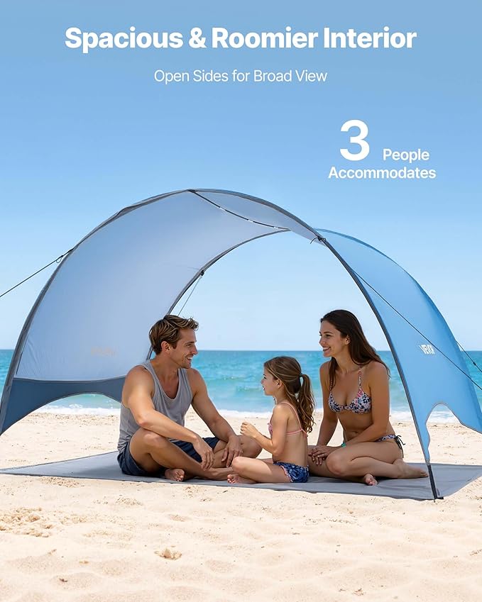 VEVOR Beach Tent Sun Shelter for 3 Person UPF 50+ Portable Sun Shade Beach with Carrying Bag &amp Ground Stakes Lightweight and Easy Setup Beach Umbrella for Camping Fishing Outdoor Picnic