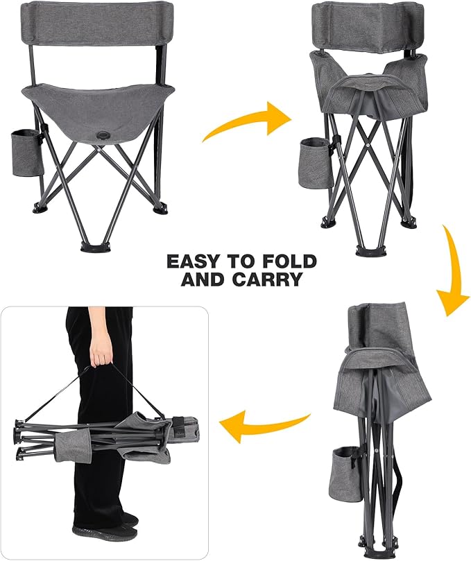 REDCAMP 2 Pack Tripod Camping Chairs Folding Lightweight Portbal 3 Legged Tripod Stool Seat with Cup Holders Small Fishing Chairs Compact for Adults Golf HuntingDark Grey