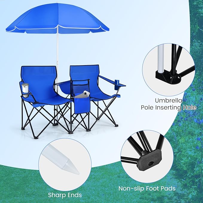 KOTEK Double Camping Chair Folding Camp Chair with Removable Umbrella Cup Holders Cooler Bag Side Pocket &amp Carry Bag 2-Person Beach Chair for Outdoor Sports Concerts Travel Picnic (Blue)