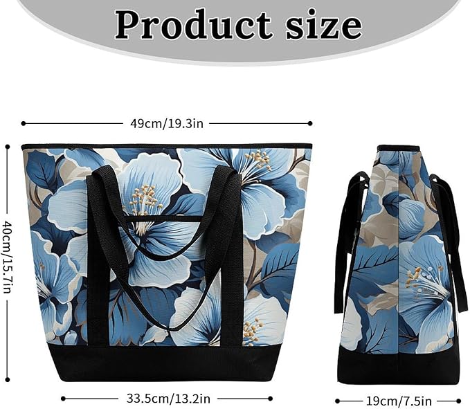 Insulated Shopping BagLarge Reusable Cooler Bags Blue Hibiscus Flower Printed Foldable Shopping BagTravel Waterproof Shoulder Bag