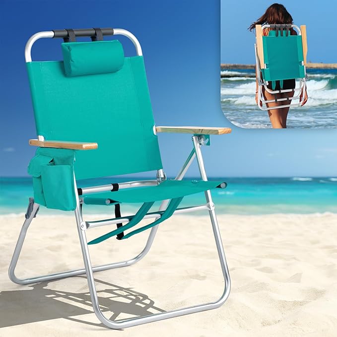 VINGLI 17“ Aluminum Backpack Beach Chair – Tall Beach Chairs for Adults Portable with Adjustable Straps 3-Position Reclining Cup Holder 2 PillowHigh Lightweight Beach Chairs (Green 17 High)