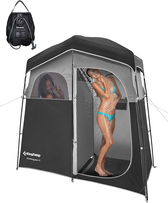 KingCamp Camping Shower Tent Portable Outdoor Privacy Toilet &amp Changing Tent Windproof &amp Waterproof Easy Setup 1 or 2 Room Shelter with Shower Bag for Camping Hiking Beach