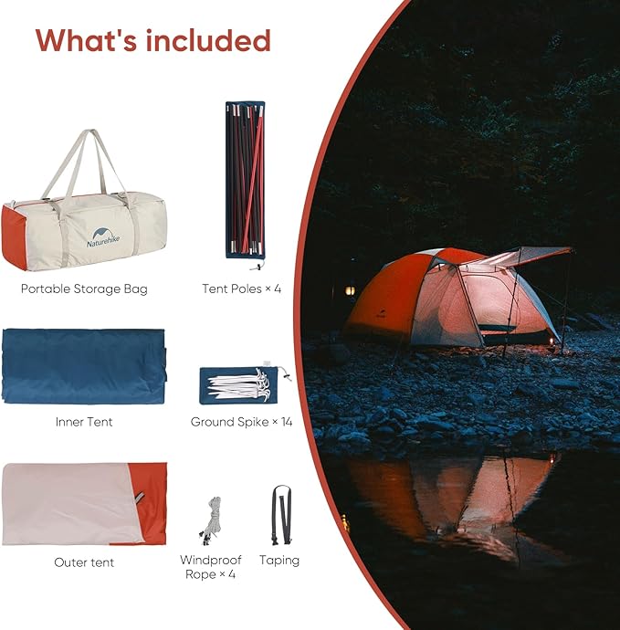 Naturehike Camping Tent 2/3 Person Double Layer Instant Easy Setup Waterproof PU2000mm 54 MPH Wind Resistance UPF 50+ Outdoor Tent for Camping Festivals Backyard Sleepovers