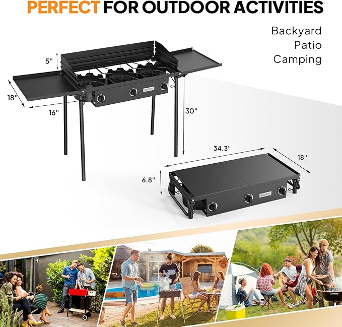 ROVSUN 3 Burner Gas Stove with 2 Side Shelves 225000BTU Portable Propane Stove with Removable Leg Wind Panel Regulator for Camping Home Backyard Outdoor Cooking Brewing Canning Turkey Frying