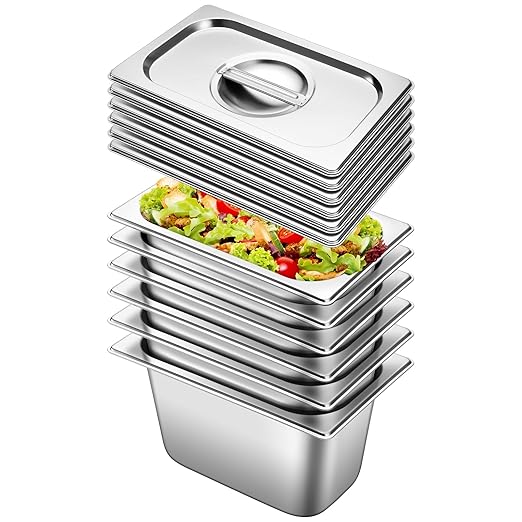 Hotel Pan With Lids 6 Pack 1/4 Size 6 Deep Stainless Steel Steam Table Pan Commercial Food Pans for Catering Buffet Chafing Dish Pans Metal Steam Tray (1/4 Size x 6 Inch Deep 6 Pack)