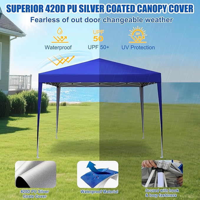 Yesker 10x10 Pop Up Canopy Tent UPF 50+ Waterproof Outdoor Canopy Portable Folding Easy Setup Gazebo Adjustable Height Instant Sun Shade Tent with Wheeled Bag for Events Parties Camping Patio Blue