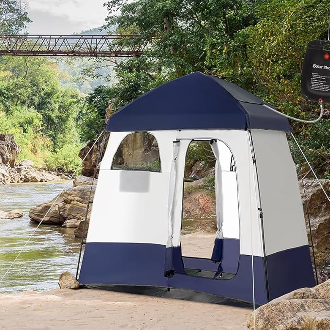 Outsunny Shower Tent Pop Up Privacy Shelter for Camping Dressing Changing Room Portable Instant Outdoor Shower Tent Enclosure w/ 2 Rooms Shower Bag Floor and Carrying Bag Blue