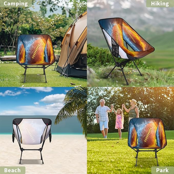 Ice Fire Collision Rugby Camping Chair Folding Backpacking Chair Portable Lightweight Outdoor Chairs with Side Pockets for Hiking Beach Picnic