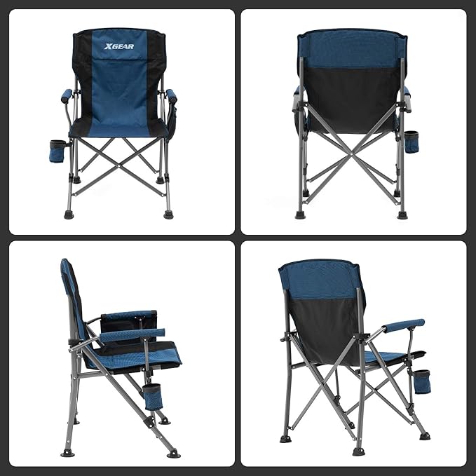 XGEAR Camping Chair Hard Arm High Back Lawn Chair Heavy Duty with Cup Holder for Camp Fishing Hiking Outdoor Carry Bag Included