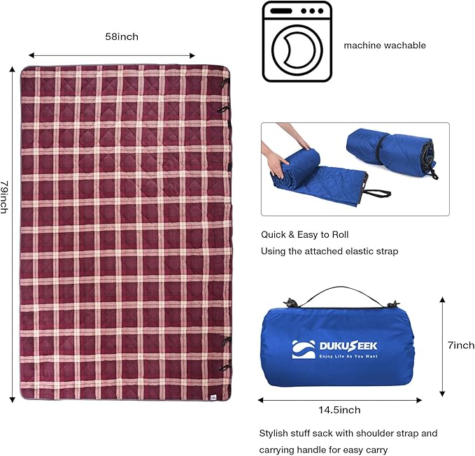 DUKUSEEK Waterproof Camping Blanket with Thick Fleece Large Outdoor Blanket Windproof with Foldable Hood for Camping Stadium Sporting Events79x 58…