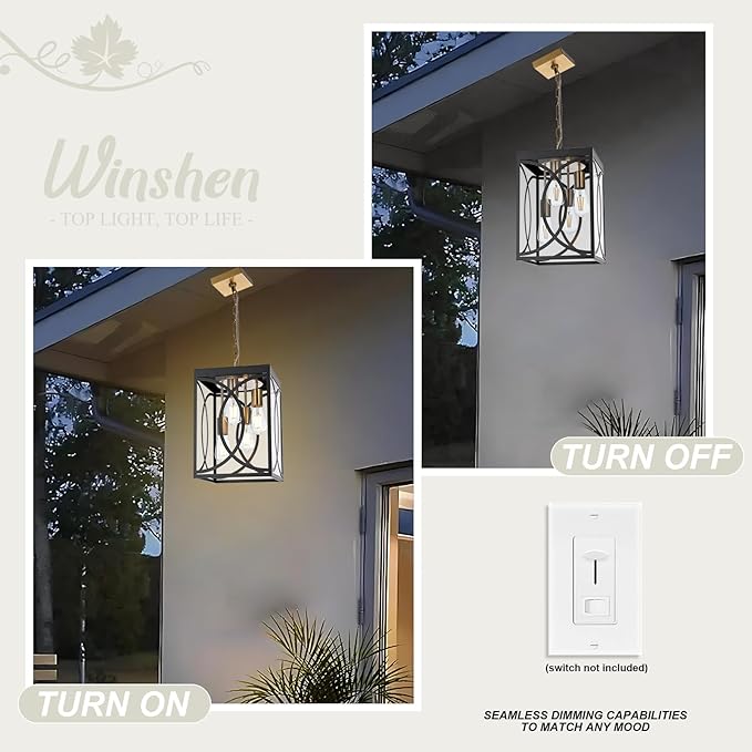 4-Lights Large Outdoor Pendant Light Fixture E26 Bulb Base Porch Hanging Lighting in Black &amp Brushed Brass Modern Exterior Lantern Chandelier Ceiling Mount for Patio Front Door