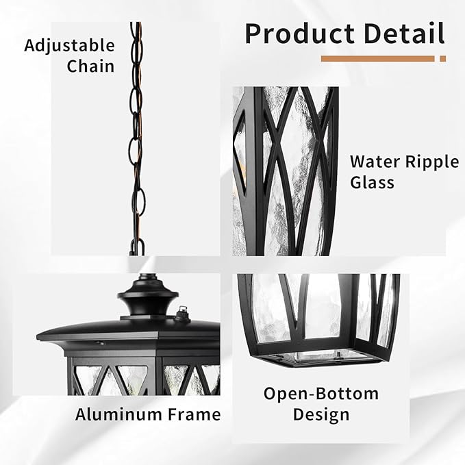 JYZ Dusk to Dawn Outdoor Pendant Lantern 12 Inch Craftsman Style Exterior Hanging Light with Water Ripple Glass Traditional Outdoor Chandelier for Front Porch Patio Garden Gazebo Pergola