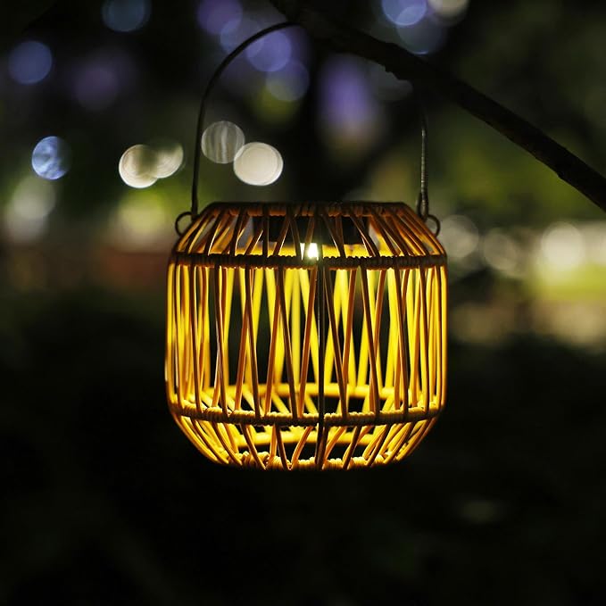 Solar Outdoor Rattan Lanterns Decorative Hanging Lights for Patio Garden Backyard（Two Pack）(Style 1)