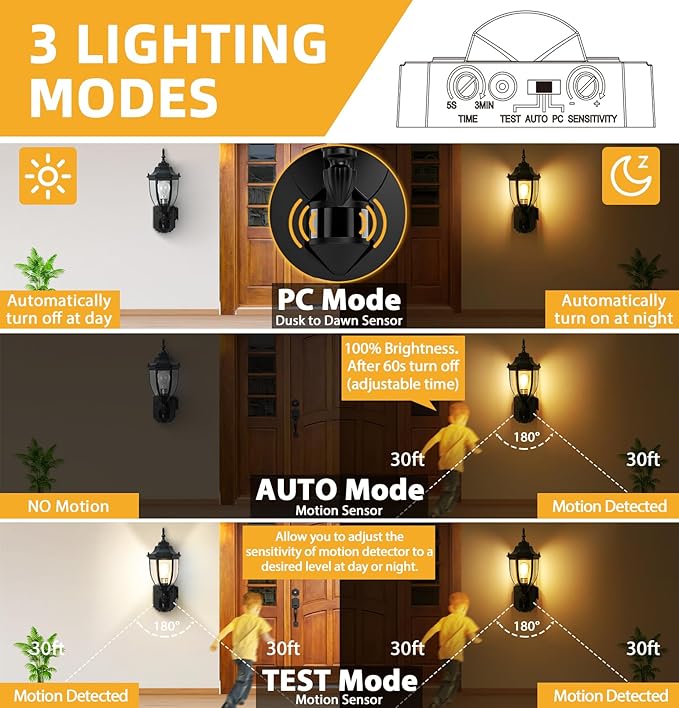 2 Pack Porch Lights with Outlet Motion Sensor Outdoor Lights Updated Dusk to Dawn Exterior Lighting Fixtures Waterproof Anti-Rust Aluminum Outside Light for House Entryway Garage Black