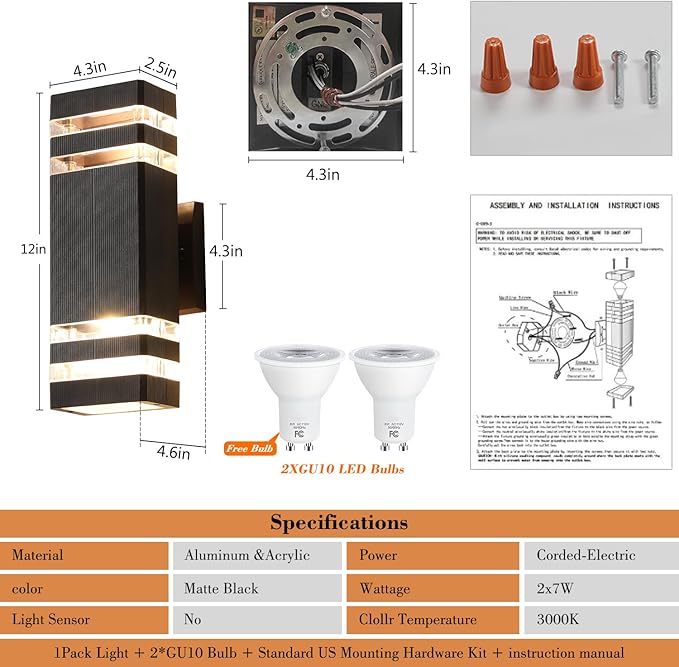 1 Pack LED Outdoor Light Fixture Aluminum Wall Lights IP65 Rated for Porch Patio Garage Warm White 3000k