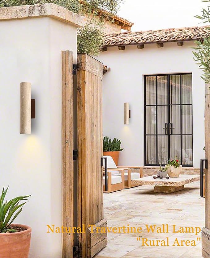 Outdoor Waterproof Wall Sconce 11 H Long Linear Natural Yellow Travertine Wall Lamp with Natural Stone Lampshade Wooden Base MCM Wall Sconce for House Patio Garage Entryway (Water Resistant)