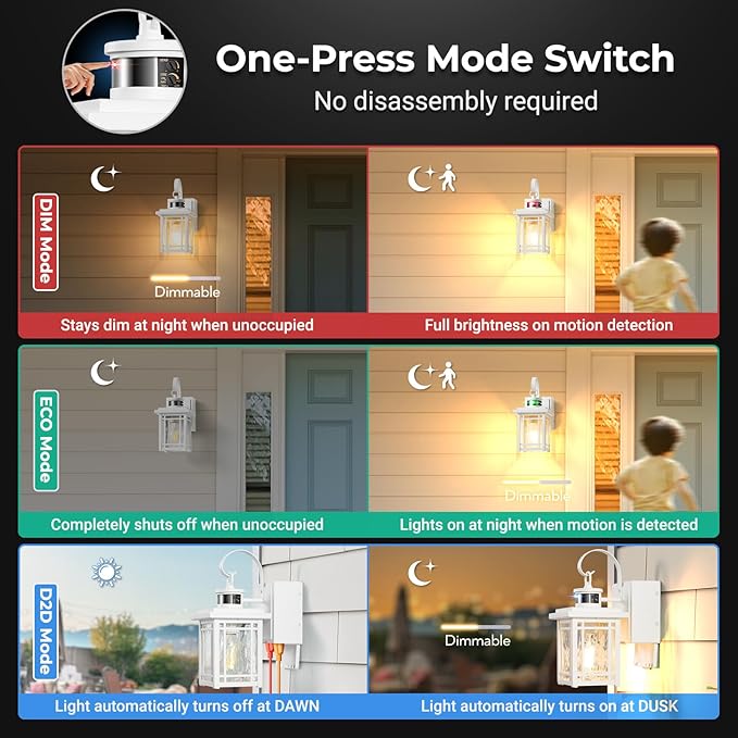 Outdoor Porch Light with GFCI Outlet White Exterior Lighting Fixtures Wall Mount Motion Sensor Outdoor Wall Sconce Anti-Rust Coach Lights for Garage Modern Patio Lantern Lights for House