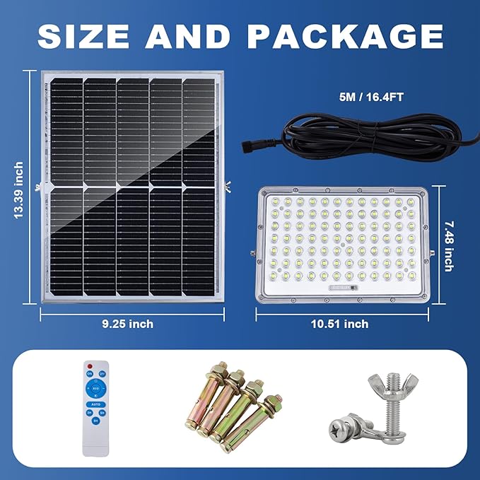 300W LED Solar Flood Lights 15000mah 8000K Street Flood Light Outdoor IP66 Waterproof with Remote Control Security Lighting for Parking Lot Yard Garden Swimming Pool Pathway