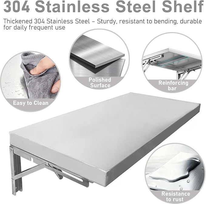 Food Truck Wall Shelving Space Saving Extra Long Stainless Steel Concession Folding Shelf Outdoor Easy Installation Countertop Extension Fold Down(28x18in/71x45cm)