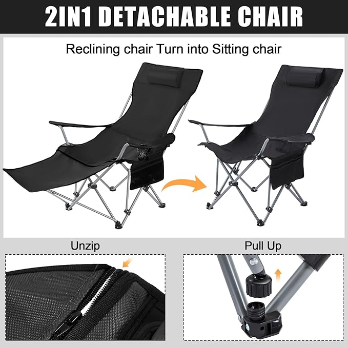 2 Set Reclining Camping Chair with Umbrella for Adult Folding Camping Chair with Foot Rest Adjustable Clamp Canopy Shade SPF 50+ Lounger for Outdoor Spring Summer Travel (BlackOxford)