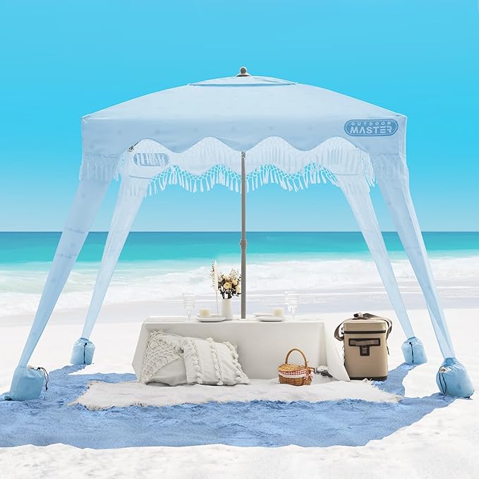 OutdoorMaster Beach Cabana with Fringes Portable 6' x 6' Beach Canopy for Sand Easy Set Up Beach Shelter Included Side Wall UPF 50+ UV Protection Sun Umbrella - for Family &amp Friends