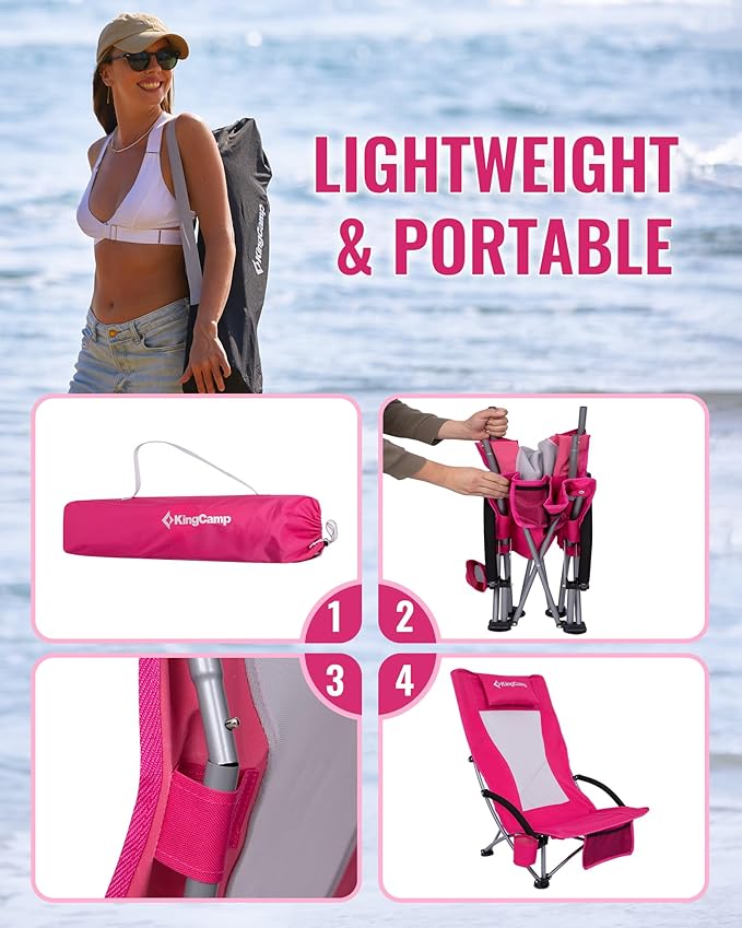 KingCamp Low Beach Chair High Back Folding Camping Chair for Adults Oversized Breathable Mesh Seat 300lbs Heavy Duty Portable Chair with Cup Holder &amp Storage Pockets for Beach Outdoor