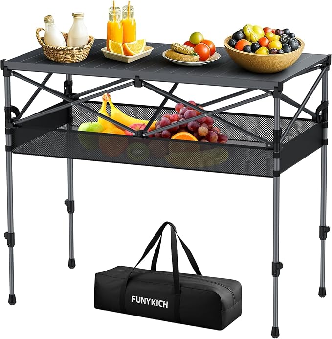 FUNYKICH Folding Camping Table(L39.4''xW19.7'') Aluminum Roll-up Portable Picnic Table with 2 Adjustable Height Large Storage and Carrying Bag for Picnic Camping BBQ Party Backyard Beach
