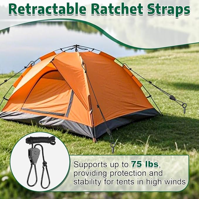 Tent Stakes Anchors 16-in 6 Pack RV Awning Tie Down Kit for Wind-Proof with Retractable Ratchet Straps Camping Stakes Heavy Duty for Tents Beach Umbrellas Canopies Carport Campers