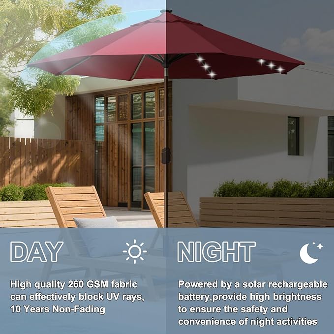 EliteShade USA 10-Year-Non-Fading 10Ft Market Umbrella with 80 LED Lights Patio Umbrella Outdoor Table Umbrella with Ventilation(Burgundy)
