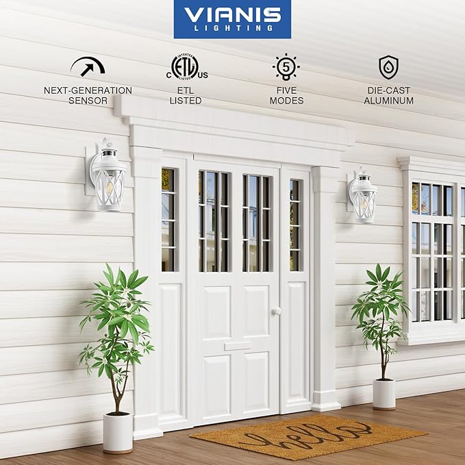 VIANIS Motion Sensor Outdoor Wall Light Fixtures 2-Pack White Dusk to Dawn Front Porch Lights Anti-Rust Outdoor Lanterns Wall Mount with Adjustable Sense Range Exterior Coach Light for Garage