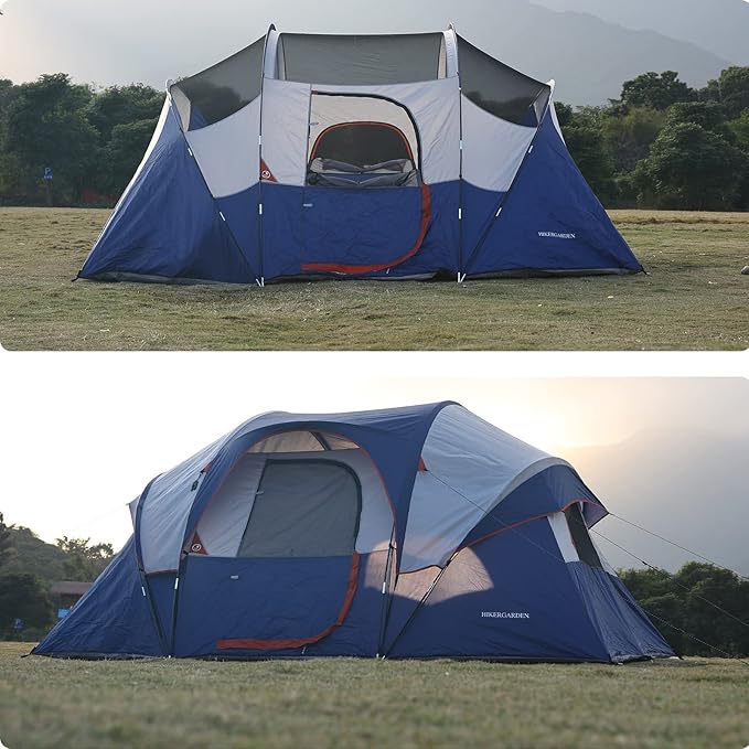 HIKERGARDEN 10 Person Camping Tent - Portable Easy Set Up Family Tent for Camp Windproof Fabric Dome Tent Outdoor for Hiking Backpacking Traveling-14'x11'x74in(H)