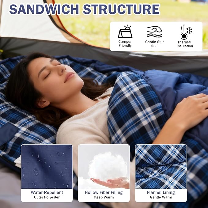 100% Cotton Flannel Sleeping Bag for Adults Big&ampTall Size Backpacking Lightweight Waterproof for Girls Boys Mens Teen for Camping Hiking Outdoor Travel with Compression Bags