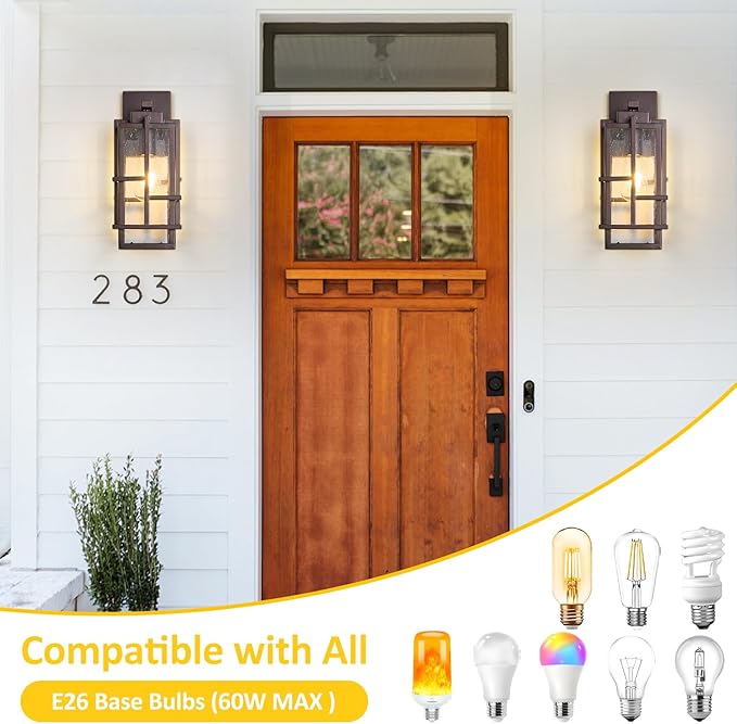 Outdoor Wall Light Fixture with Seeded Tempered Glass Waterproof Outside Wall Coach Lantern with E26 Sockets Brown Large Porch Sconces Lamp for House Patio Garage