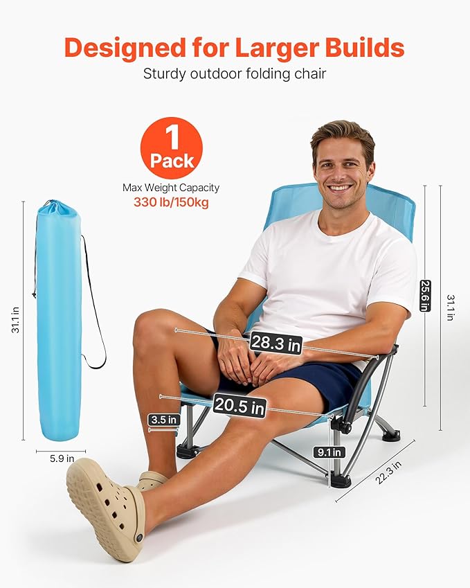 VEVOR Folding Beach Chair High Back Camping Chairs for Adults with Cup Pocket Mesh Back Carry Bag Portable Extra Wide Seat Chair 330 lbs Heavy Duty Support for Outdoor Camp Light Blue