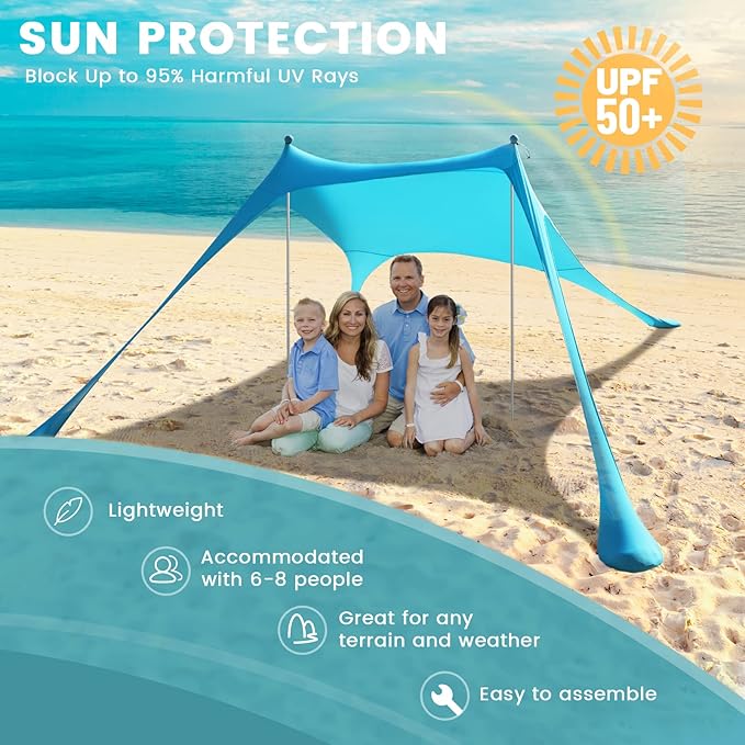 Beach Tent - 9.8 * 6.5 FT Beach Canopy Portable Beach Tent Sun Shelter UPF50 with 4 Sandbags 2 Stability Poles Ground Pegs and Anti-Wind Ropes Outdoor Beach Shade Canopy for Camping Sky Blue