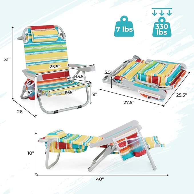 COSTWAY Backpack Beach Chair Foldable Camping Chair with 5 Adjustable Position Cup Holder Storage Pockets Straps Towel Rack Pillow for Patio Outdoor (Color Stripe1)